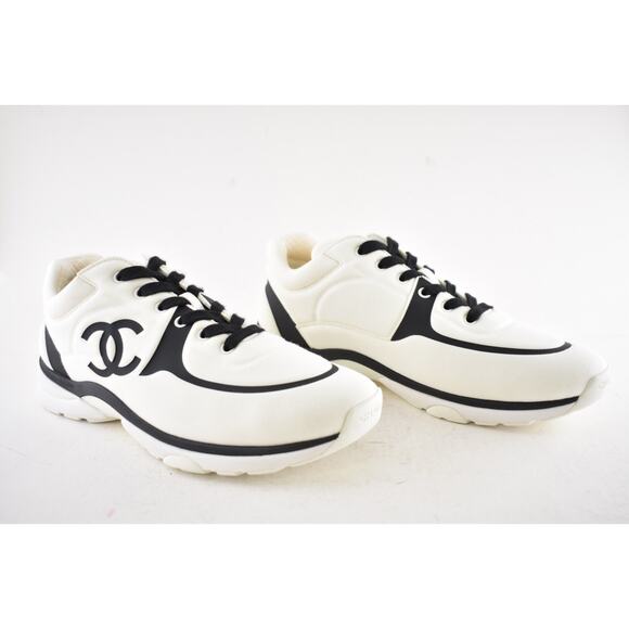 Chanel 20C Men White Black Neoprene CC Logo Low Top Runner Trainer Sneaker 44 11 - Picture 3 of 12